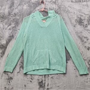 Shirt 469 Hoodie Womens M Green Linen Blend Crochet Open Knit Pullover Sweater